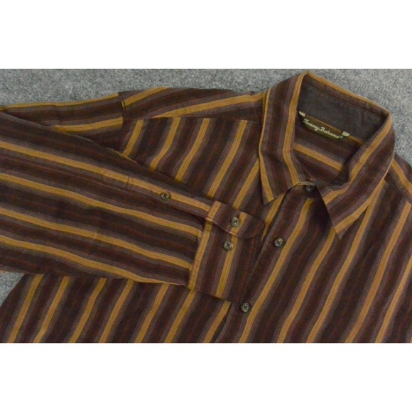 Tommy Bahama Mens Large Brown Striped Button Down Shirt Silk Wool Blend Long Sle - Picture 1 of 11